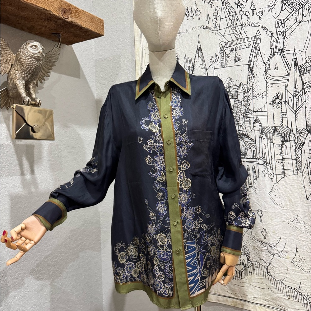 Zimmermann Olive and Blue Silk Shirt